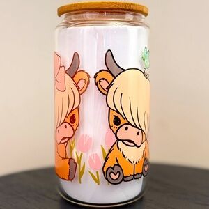 Cute Highland Cow Glass Jar with Bamboo Lid